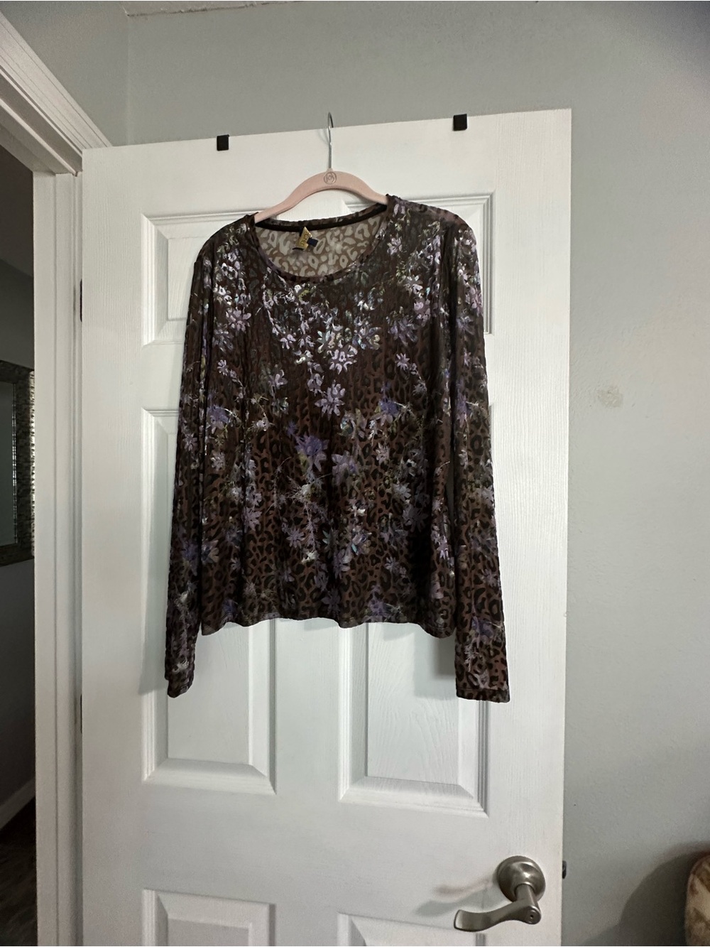 RACHEL Rachel Roy Brown Velvet Long-Sleeve Floral Animal Print Top